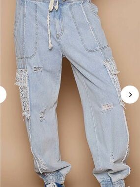 POL Light Wash Distressed Crochet Panel Denim Joggers